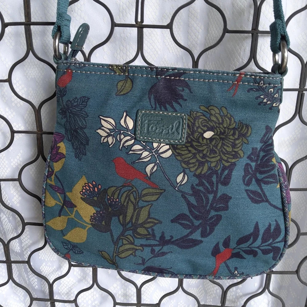 FOSSIL TEAL FLORAL CANVAS BAG - Picture 2 of 4